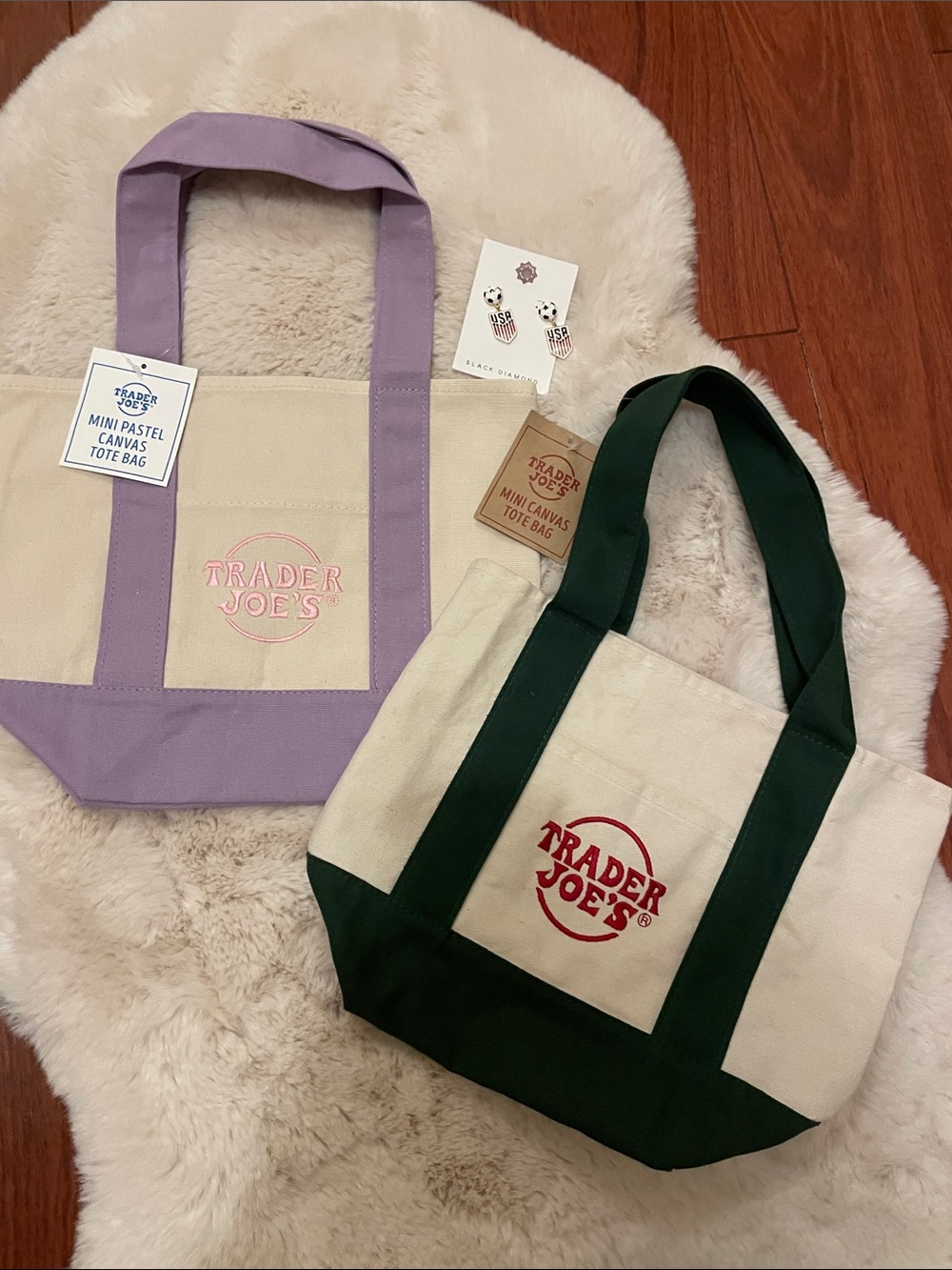 2 Trader Joe’s  Mini Canvas Tote Bags W/🇺🇸 ⚽️ Earrings & a Surprise TJoe’s Bag